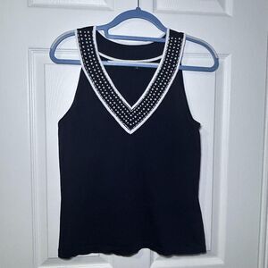 Pierri New York Tank Top Womens Small Blue Beaded V Neck Sleeveless Knit